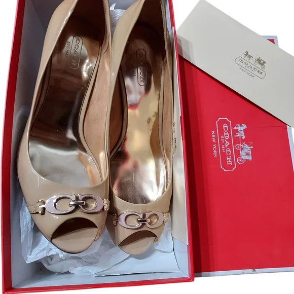 Coach Cream Elora Patent Cappuccino Wedge Shoes - Picture 10 of 11